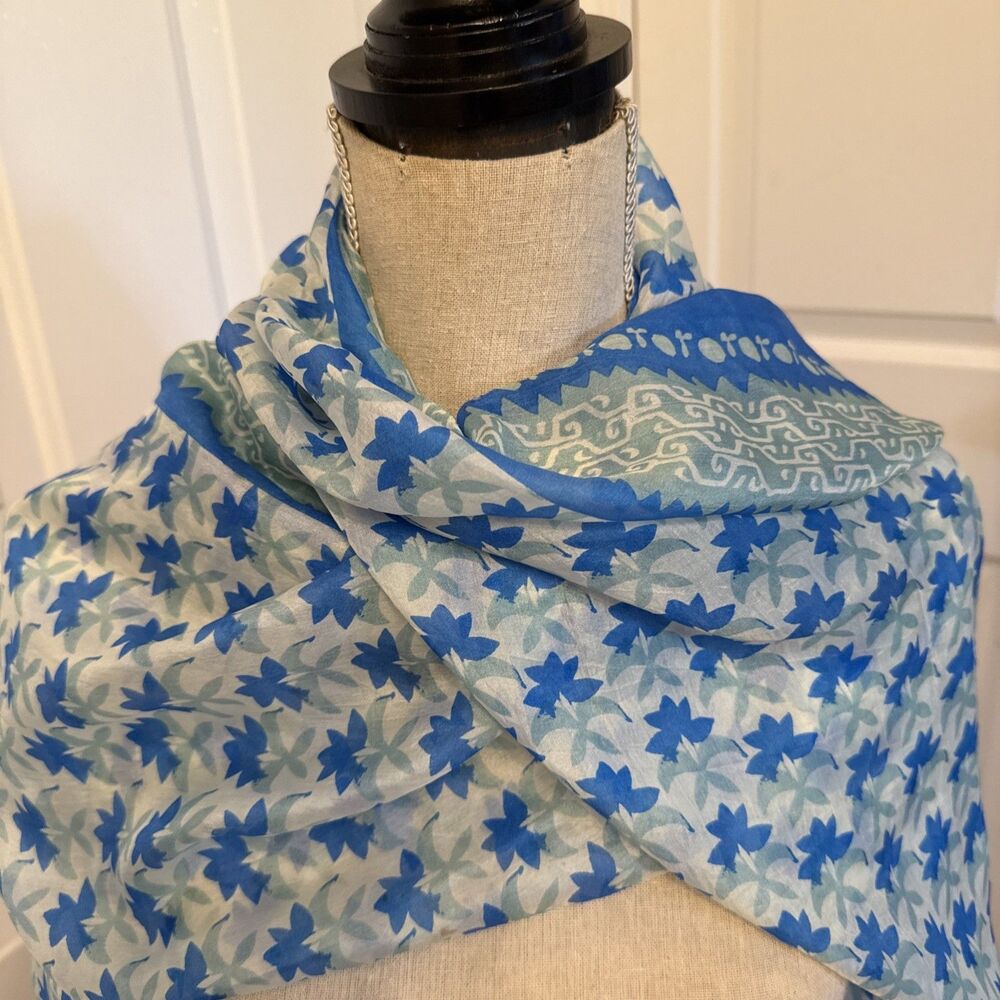 BLUE SILK SCARF Rockflowerpaper 100% Silk Long Scarf With Floral Pattern - Picture 3 of 9
